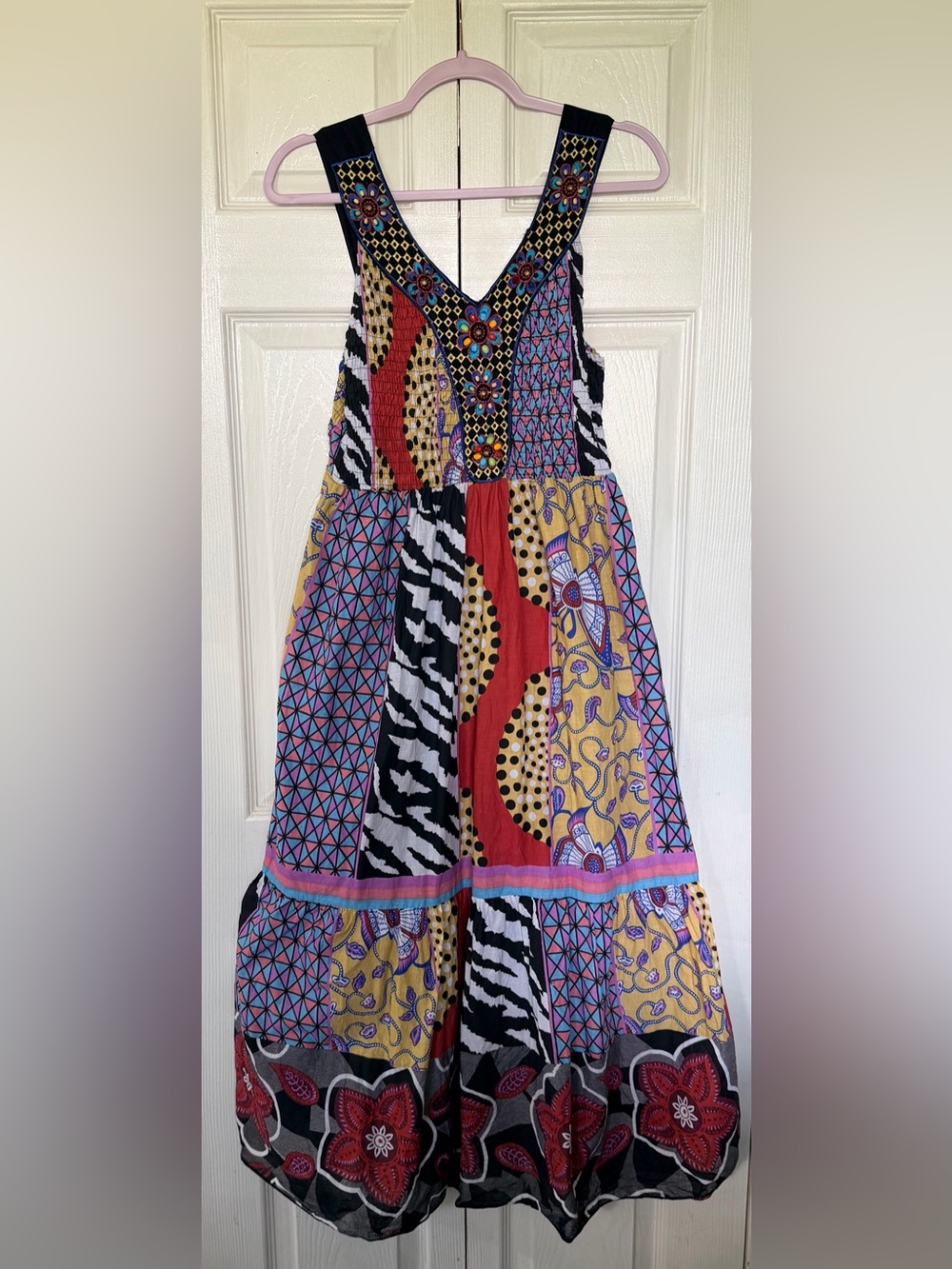 Mint Green Patchwork Boho Maxi Dress Embroidered Beaded Size M